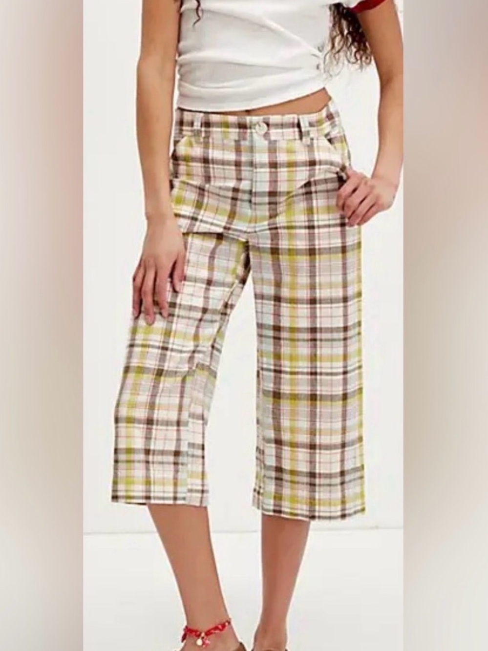 Free people Bay Course Straight Cropped Pants plaid preppy pants 14 $98 retail